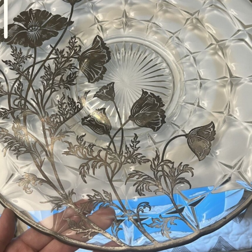 Vintage Poppy Pattern Silver Overlay Glass Serving Platter